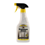 A white spray bottle labeled 'Howard Stainless Steel Cleaner & Polish' with a yellow spray nozzle and black details.