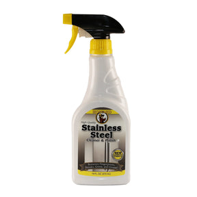 A white spray bottle labeled 'Howard Stainless Steel Cleaner & Polish' with a yellow spray nozzle and black details.