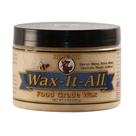 A jar of Howard Wax-It-All Food Grade Wax, with labeling that provides product information and instructions.