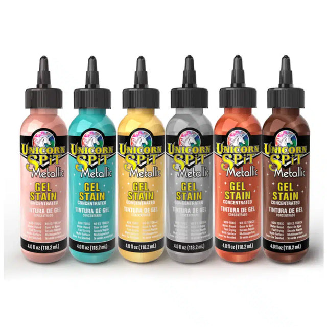 6 bottles of metallic unicorn spit paint on a white background