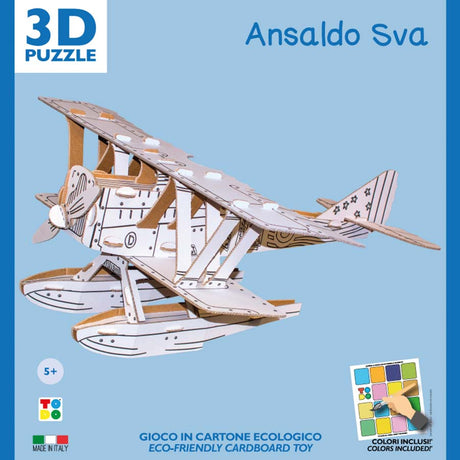 3D cardboard puzzle of a seaplane on a blue background with 'Ansaldo Sva' branding.