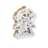 Decorative cardboard cutout of a Ferris wheel with intricate detailing on a white background