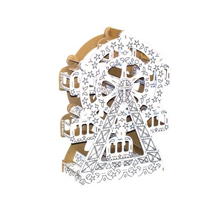 Decorative cardboard cutout of a Ferris wheel with intricate detailing on a white background