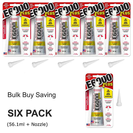 Six-pack of E6000 Plus liquid adhesive, showing five individual tubes on a white background with five white plastic applicator tips, plus a larger packaged unit labeled 'Bulk Buy Saving' and 'SIX PACK (56.1ml + Nozzle)'.