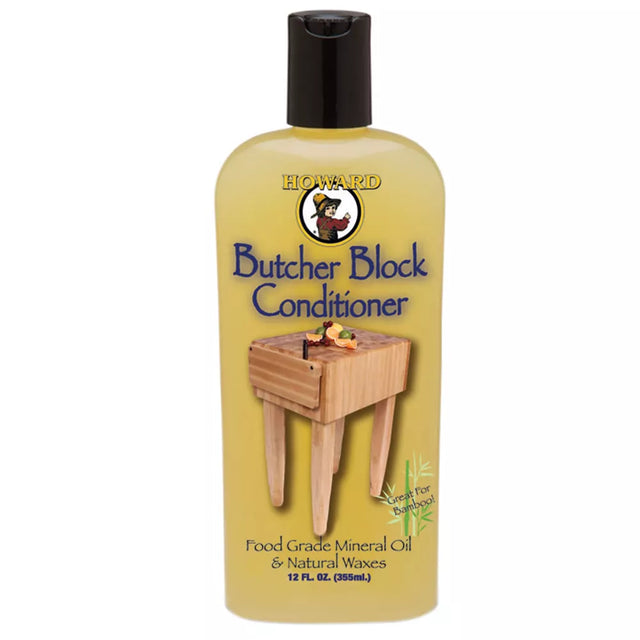 Butcher Block Conditioner bottle with a wooden block on a white background