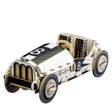 Model of a vintage race car with checkered pattern on a white background