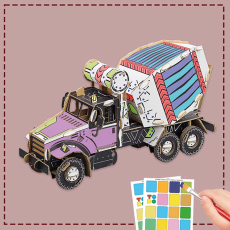 3d cardboard puzzle of a cement mixer being coloured in by a child