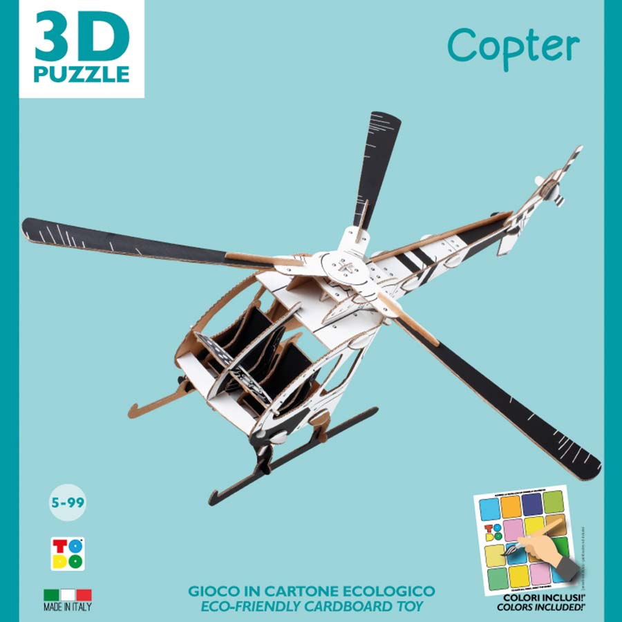 cardboard 3d model kit of a helicopter to be assemble and painted in a box