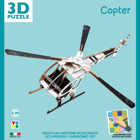 cardboard 3d model kit of a helicopter to be assemble and painted in a box