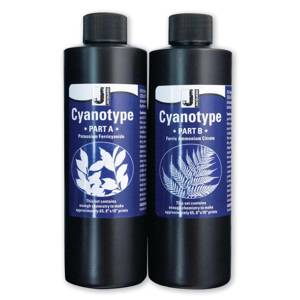 Two bottles of Cyanotype solution labeled 'Part A' and 'Part B' on a white background.