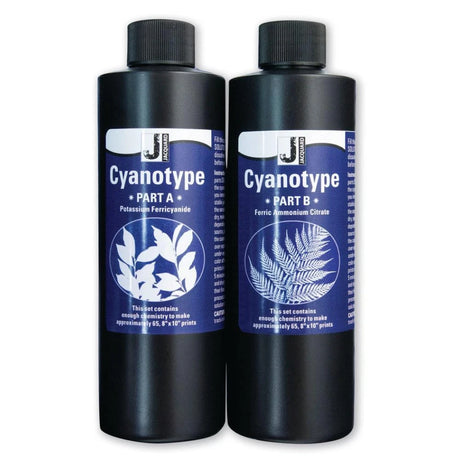 Two bottles of Cyanotype solution labeled 'Part A' and 'Part B' on a white background.