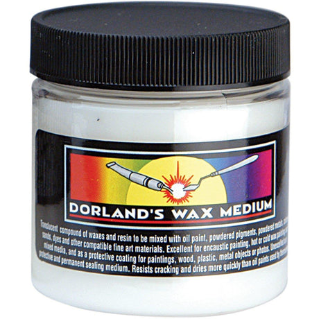 A container of Dorlands Wax Medium with a label showing product information.