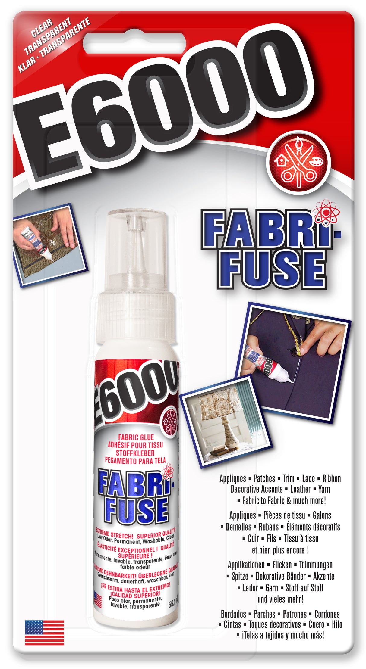A bottle of E6000 Fabri Fuse fabric glue with a white cap, packaged in a card with images showing the product in use for various materials.