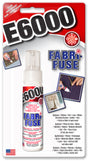 A bottle of E6000 Fabri Fuse fabric glue with a white cap, packaged in a card with images showing the product in use for various materials.