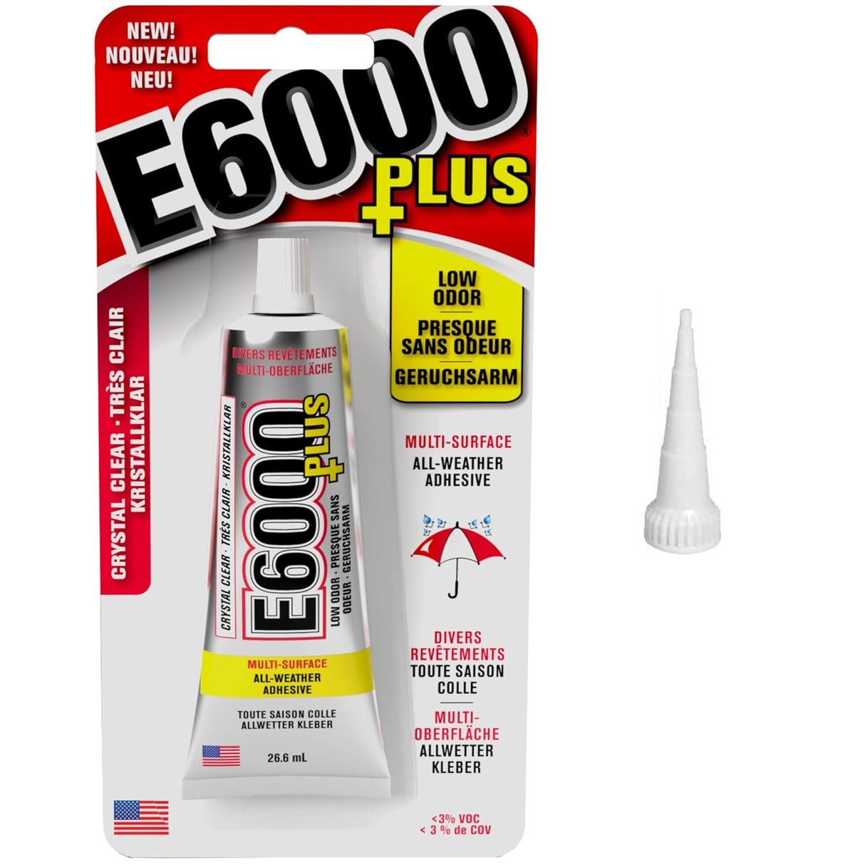 A tube of E6000 Plus craft glue with a nozzle, packaging displays the product name and indicates it is odor-free.