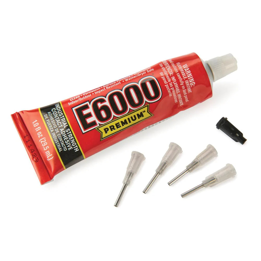E6000 Premium glue tube with various precision tips on a white background