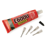E6000 Premium glue tube with various precision tips on a white background