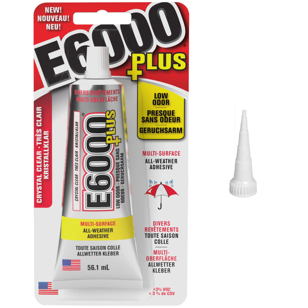 A tube of E6000 Plus craft glue with a nozzle, packaging displays the product name and indicates it is odor-free.