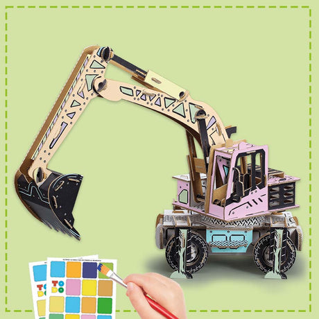 cardboard model of an excavator being coloured in by a child