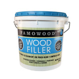 A container of Famowood Latex Wood Filler with blue lid and label, indicating it is used for interior/exterior wood repairs. 5.8 KG tub