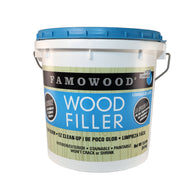 A container of Famowood Latex Wood Filler with blue lid and label, indicating it is used for interior/exterior wood repairs. 5.8 KG tub