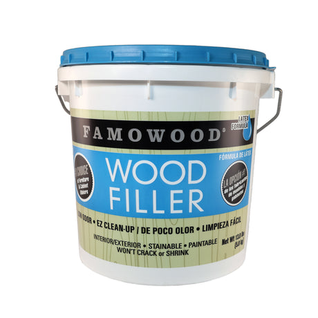 A container of Famowood Latex Wood Filler with blue lid and label, indicating it is used for interior/exterior wood repairs. 5.8 KG tub