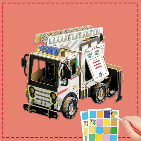 cardboard fire pump truck being coloured in by a child