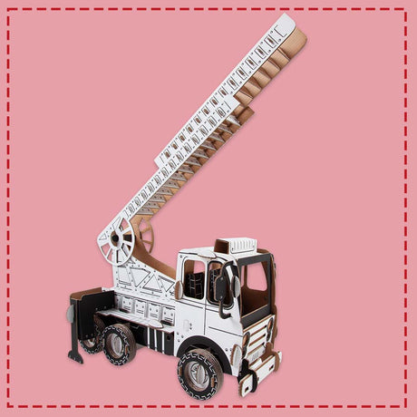 cardboard model of a fire truck with the ladders extended