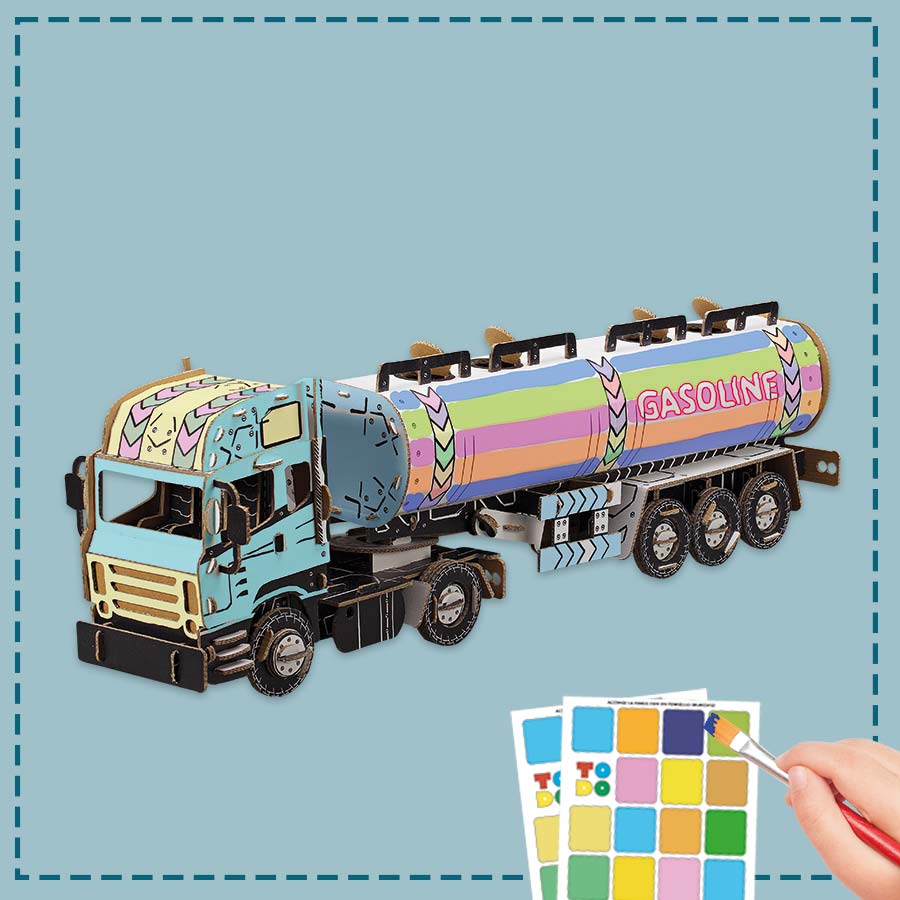 3d cardboard model of a fuel tanker being painted