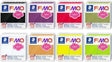 Eight boxes of Fimo Soft clay in various colors arranged in a 2x4 grid, including black, purple, red, green, white, pink, orange, yellow, and light green.