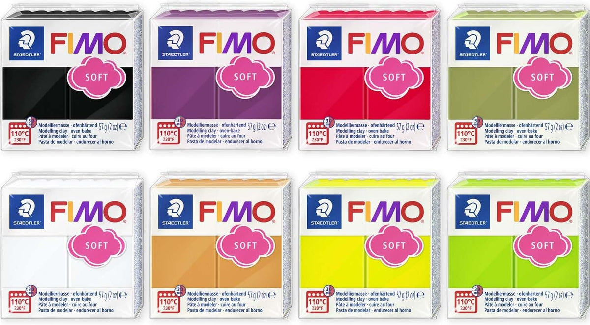 Eight boxes of Fimo Soft clay in various colors arranged in a 2x4 grid, including black, purple, red, green, white, pink, orange, yellow, and light green.