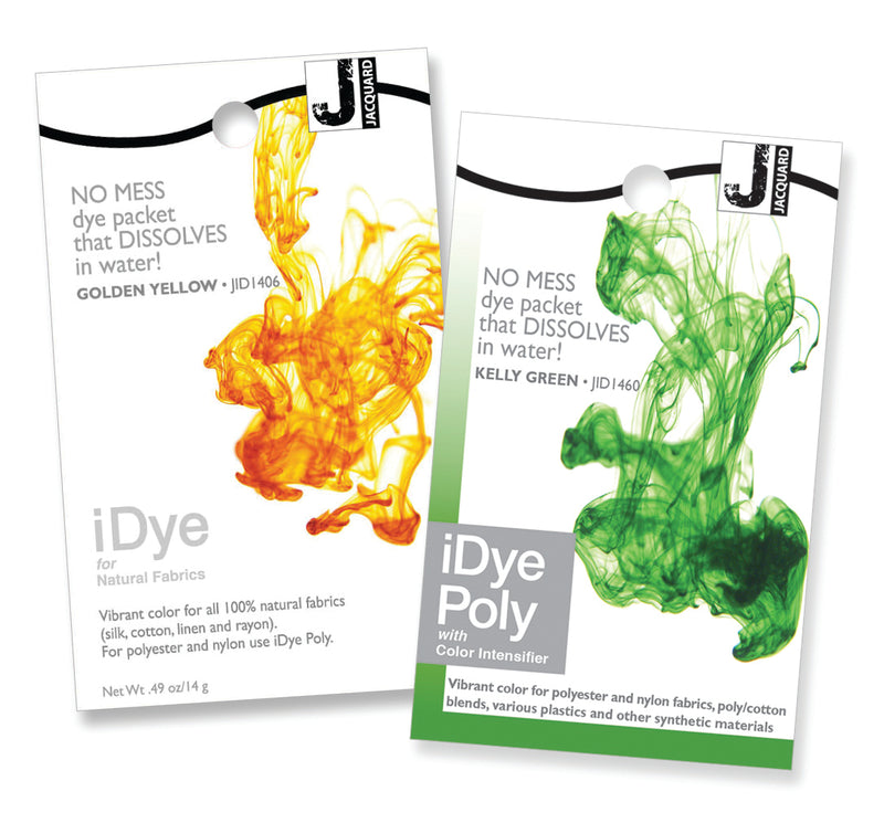 a packet of jacquard idye natural and a packet of idye poly on a white background