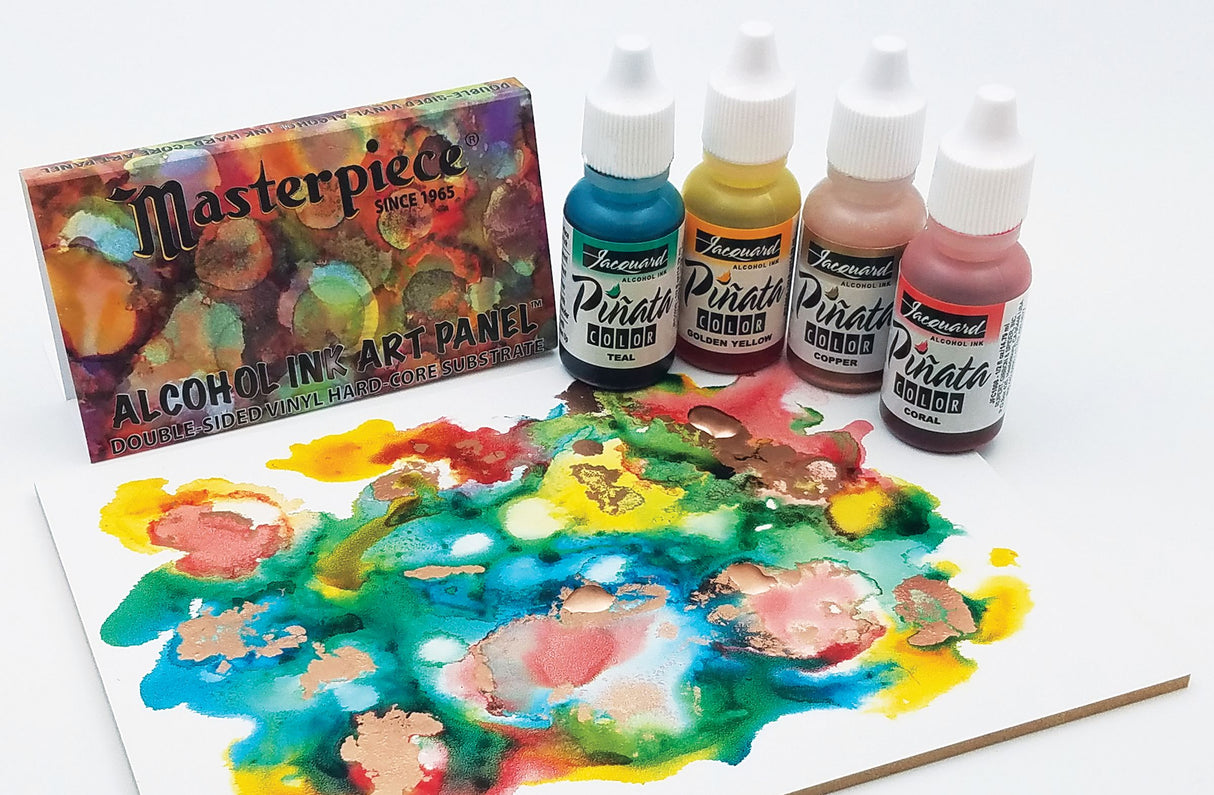 A Masterpiece Pine Vax alcohol ink art panel kit with four bottles of Pine Vax Alcohol Ink paint in blue, yellow, pink, and brown, displayed on a white background with a colorful painted sample on the panel.