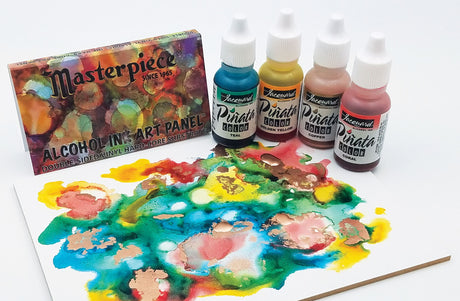 A Masterpiece Pine Vax alcohol ink art panel kit with four bottles of Pine Vax Alcohol Ink paint in blue, yellow, pink, and brown, displayed on a white background with a colorful painted sample on the panel.