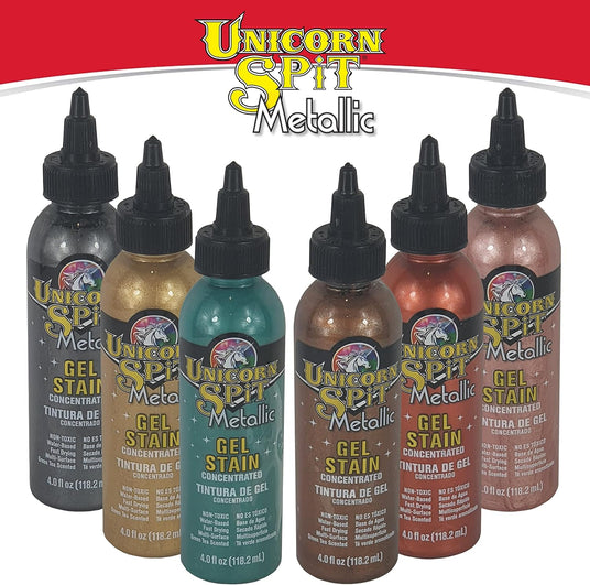 Set of Unicorn Spit Metallic gel stain bottles on a white background with red border