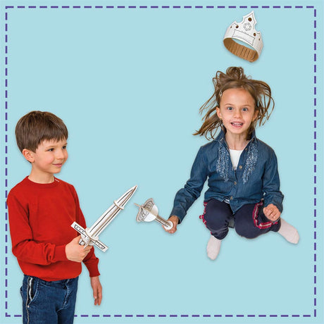Two children with cardboard toy swords on a blue background