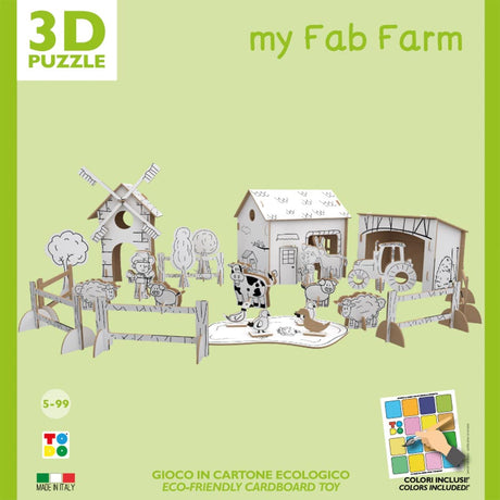 3D puzzle packaging for 'my Fab Farm' on a green background