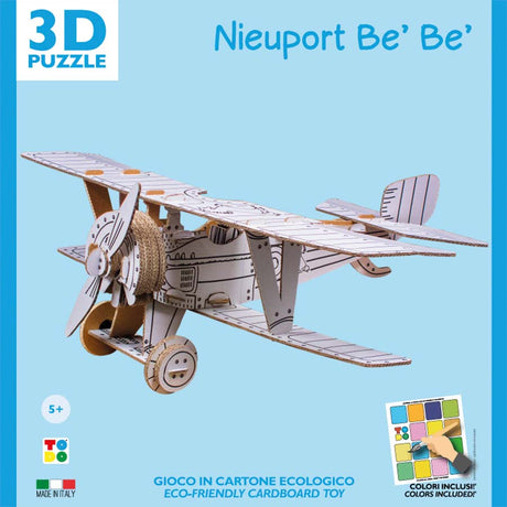3D puzzle model of a Nieuport Be'Be airplane on a blue background