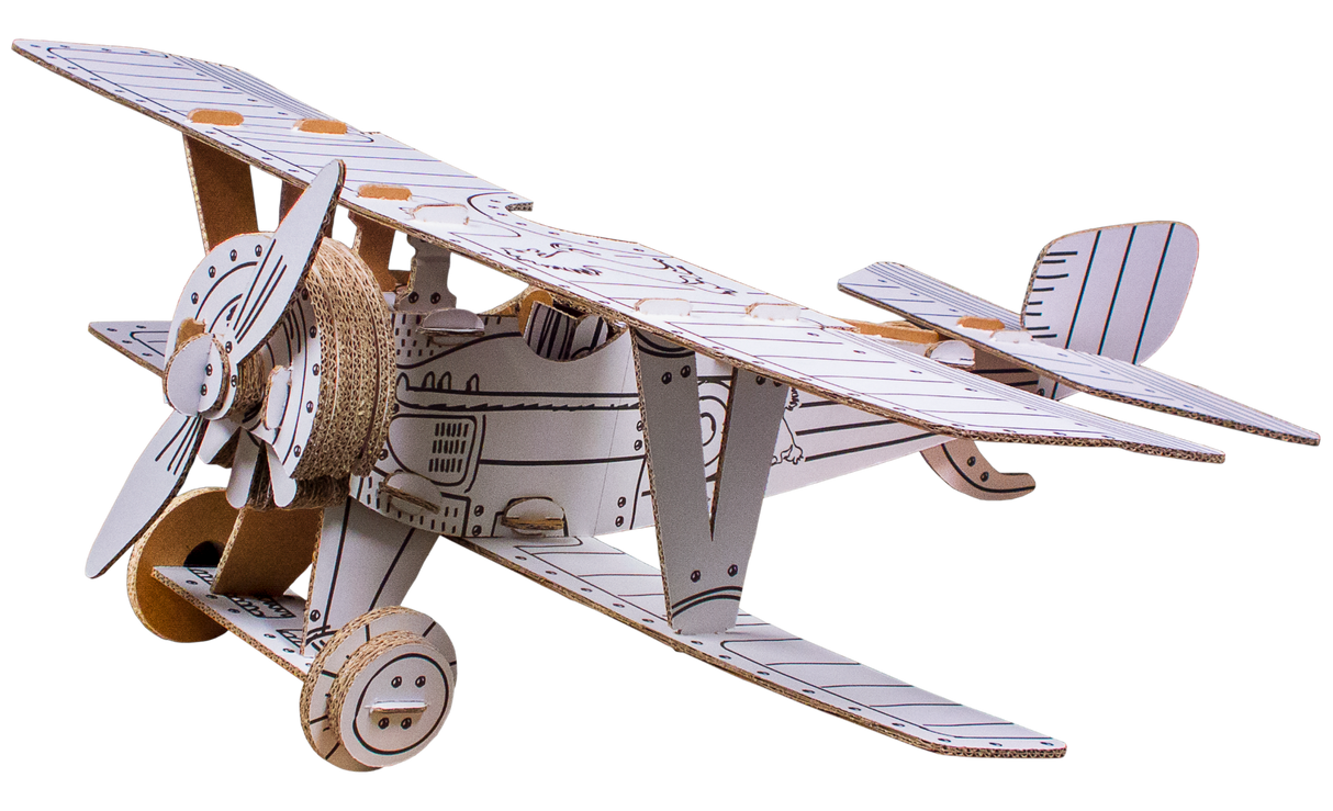 Cardboard model of a biplane with a propeller on a white background