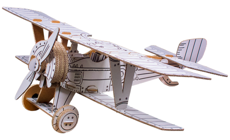 Cardboard model of a biplane with a propeller on a white background
