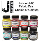 A collection of Jacquard Procion MX fabric dye bottles in various colors.