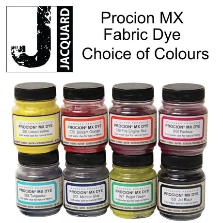 A collection of Jacquard Procion MX fabric dye bottles in various colors.
