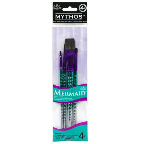 A 4-piece paint brush set by Royal & Langnickel, with mermaid-inspired design, packaged in a clear plastic case. Myth 303