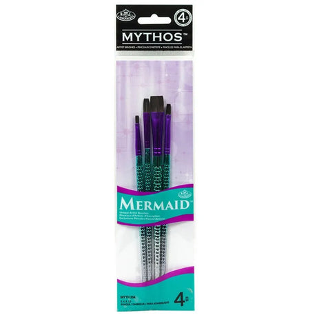 A 4 piece paint brush set by Royal & Langnickel in a mermaid theme, with brushes displayed in a clear packaging Myth 304