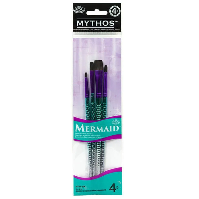 A 4 piece paint brush set by Royal & Langnickel in a mermaid theme, with brushes displayed in a clear packaging Myth 304