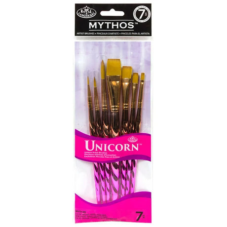 A packaged set of Royal & Langnickel MYTH405 Unicorn inspired 7 piece brush set, with brushes visible inside the packaging.