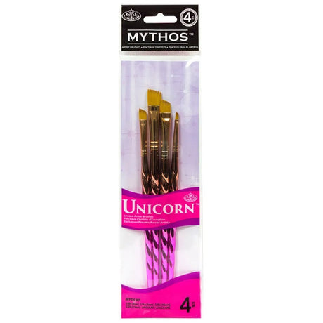 A 4-piece set of Royal & Langnickel MYTH501 Unicorn inspired art brushes with angular shapes and multicolored handles, packaged in a clear plastic case with a purple and white design.