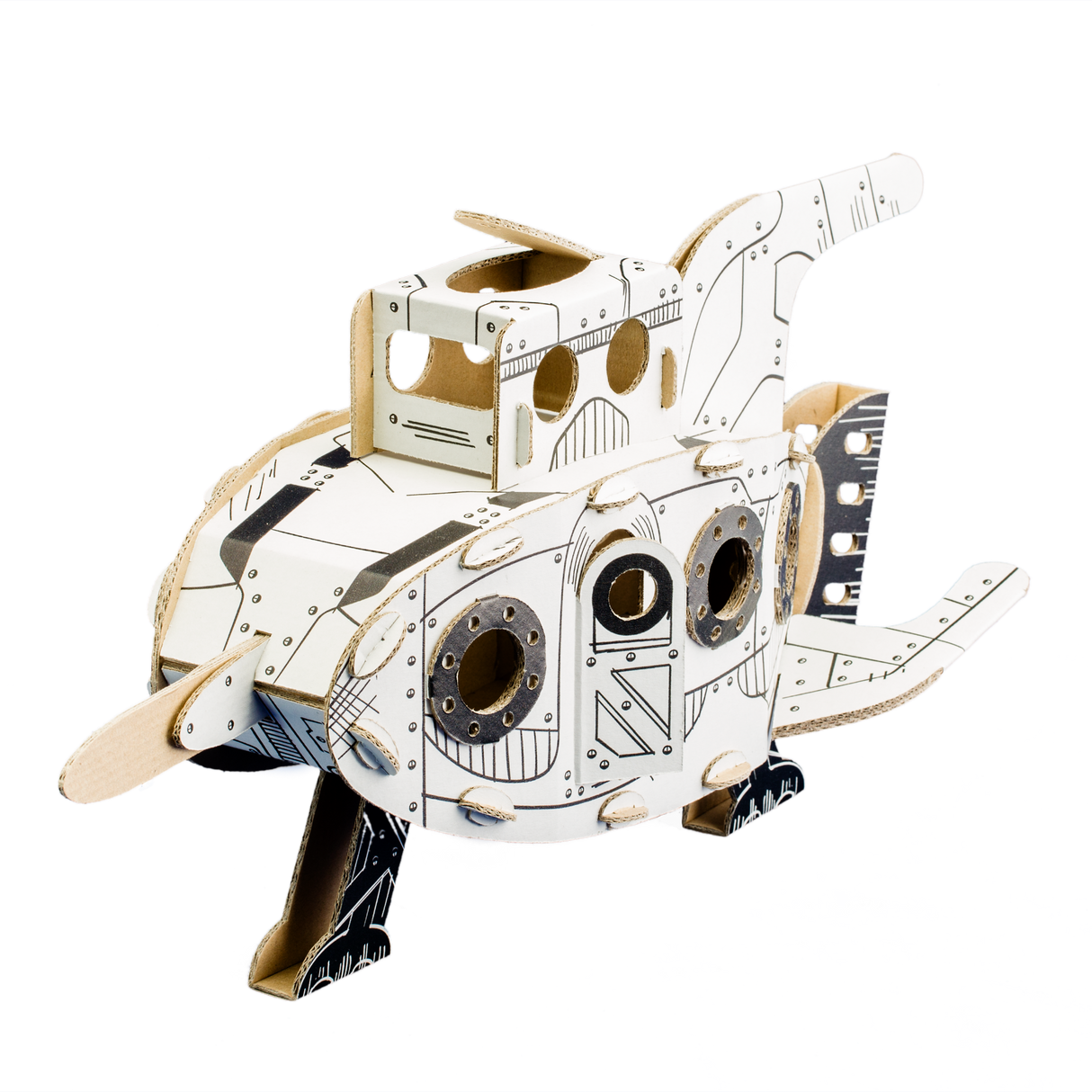Cardboard model of a space rocket on a white background