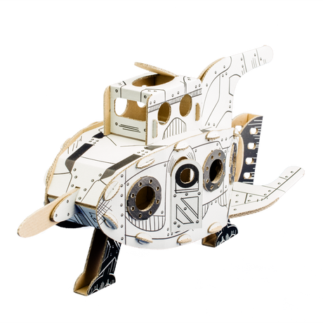 Cardboard model of a space rocket on a white background