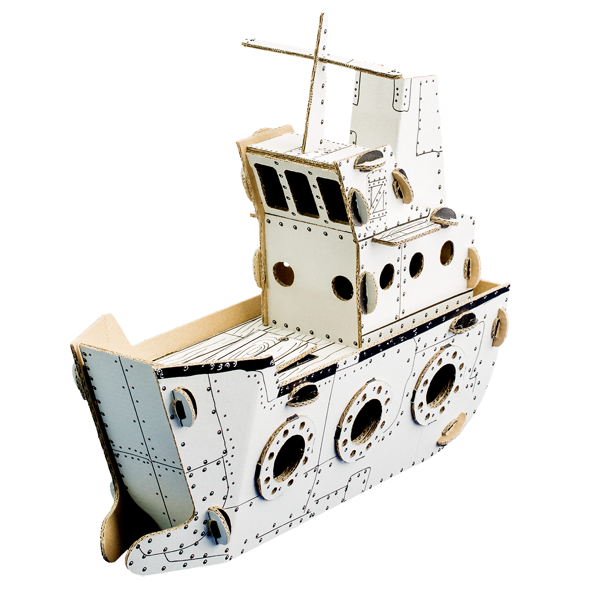 Cardboard model of a ship on a white background
